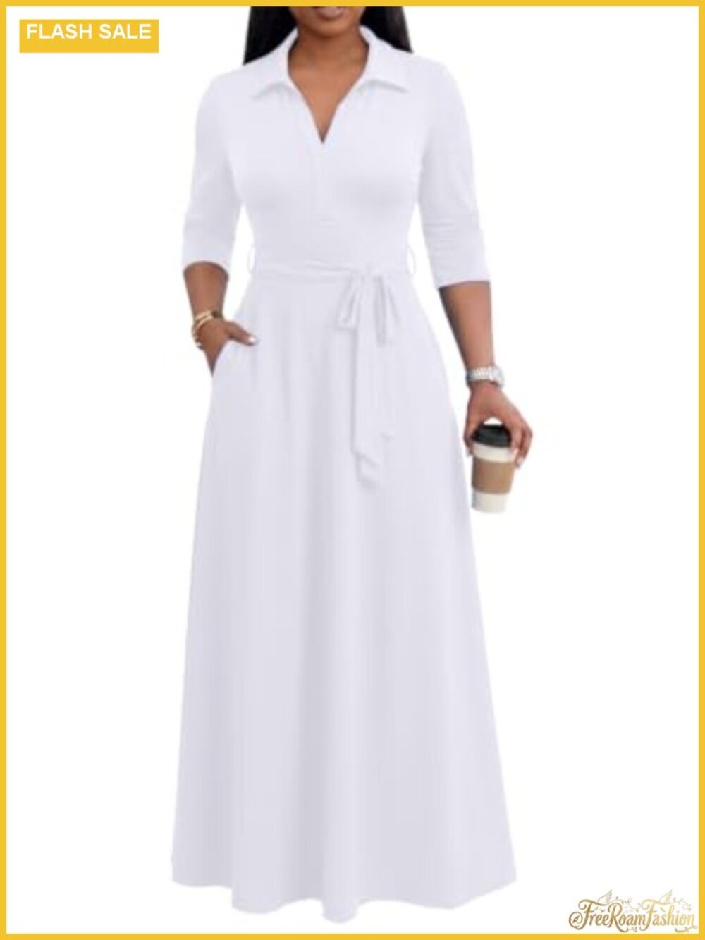 Women's Maxi Dress V Neck 3/4 Sleeve Semi Formal Church Dress with Pockets